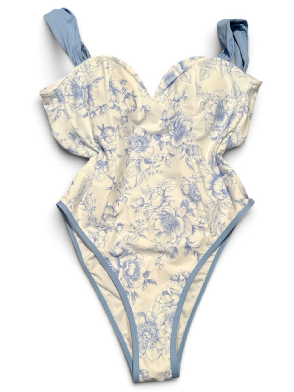 Womens White and Light Blue Floral One-Piece Swimsuit